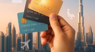 Credit cards for travel, shopping, and rewards benefits with Dubai cityscape and Burj Khalifa backdrop