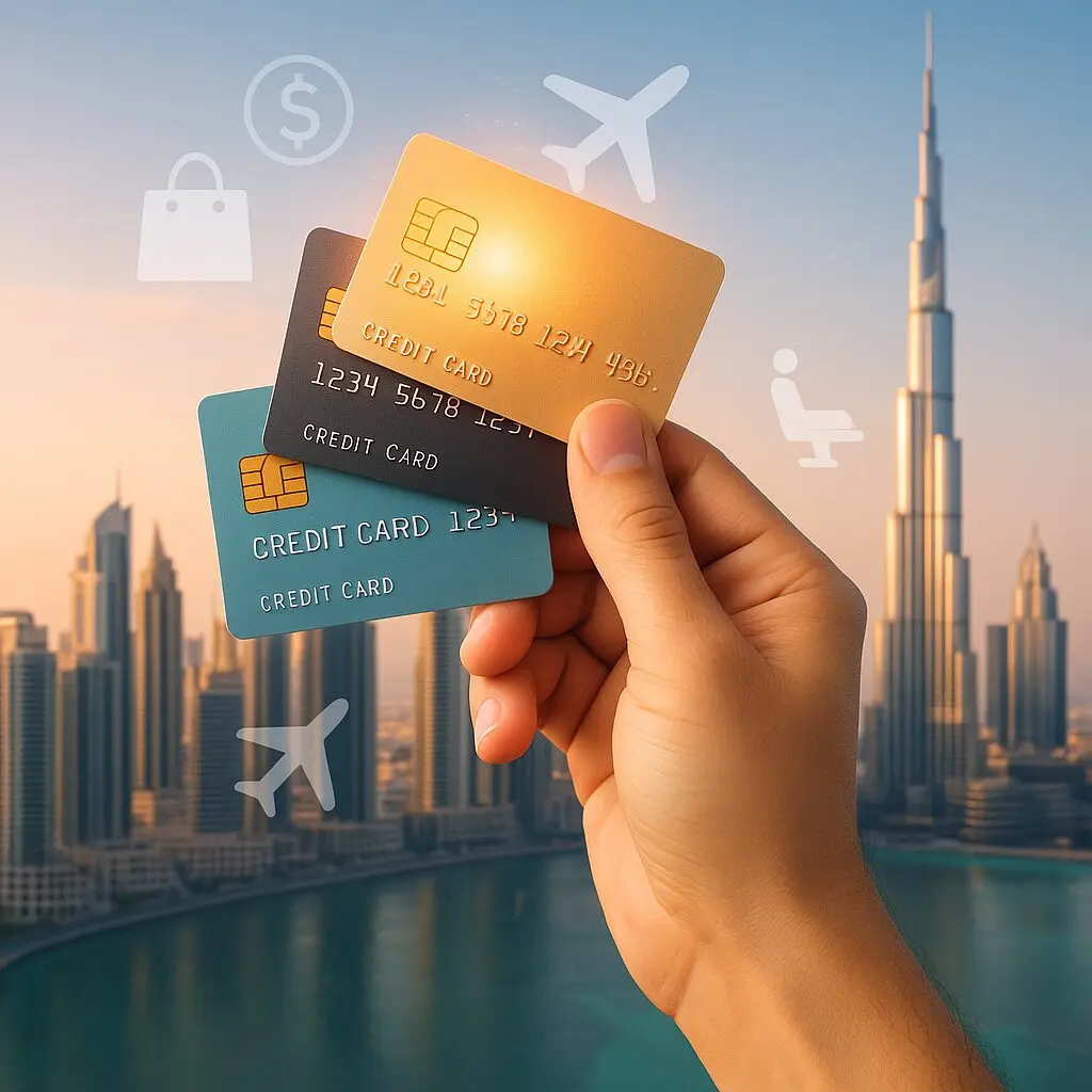 Credit cards for travel, shopping, and rewards benefits with Dubai cityscape and Burj Khalifa backdrop