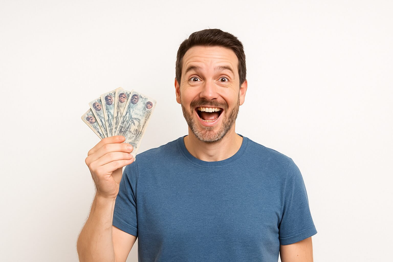 A cheerful man in a blue t-shirt holding a fan of UAE Dirham banknotes, symbolizing cash rewards or financial prizes, against a plain white background