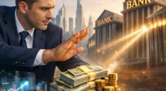 Businessman protecting stacks of cash and a piggy bank from large bank buildings, with the Dubai skyline and Burj Khalifa in the background, symbolizing smart strategies to avoid bank fees and keep more money in the UAE.