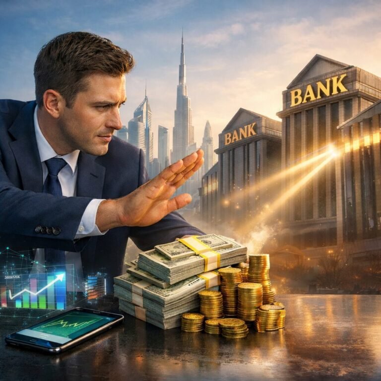 Businessman protecting stacks of cash and a piggy bank from large bank buildings, with the Dubai skyline and Burj Khalifa in the background, symbolizing smart strategies to avoid bank fees and keep more money in the UAE.