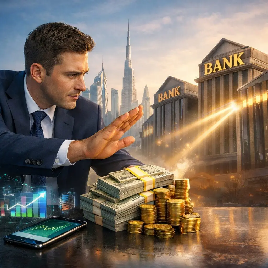 Businessman protecting stacks of cash and a piggy bank from large bank buildings, with the Dubai skyline and Burj Khalifa in the background, symbolizing smart strategies to avoid bank fees and keep more money in the UAE.