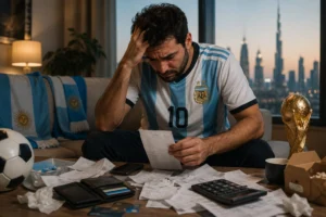 Wallet and credit card on a table after World Cup spending, UAE